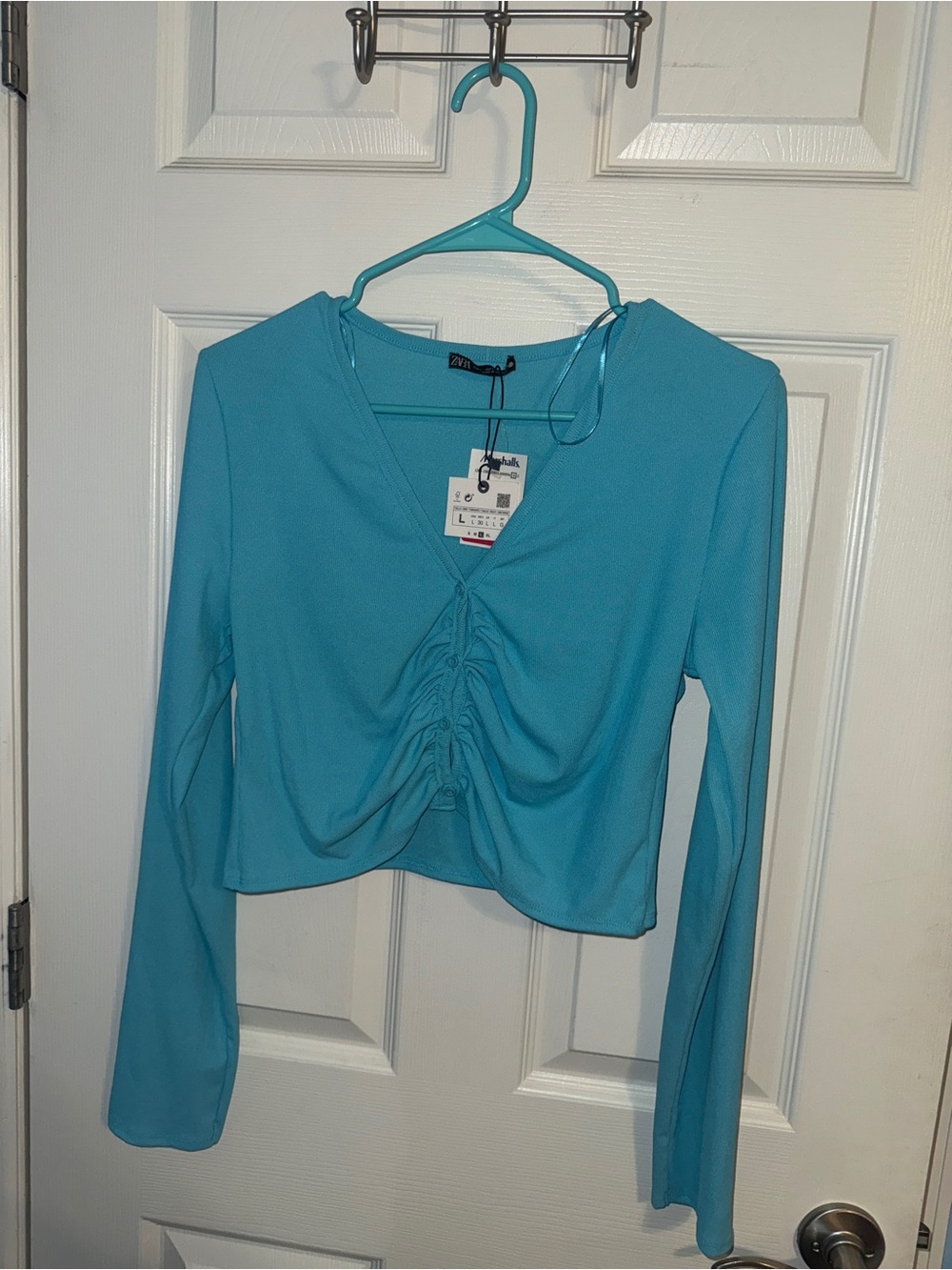 Zara Teal Ruched V-Neck Long-Sleeve Crop Top